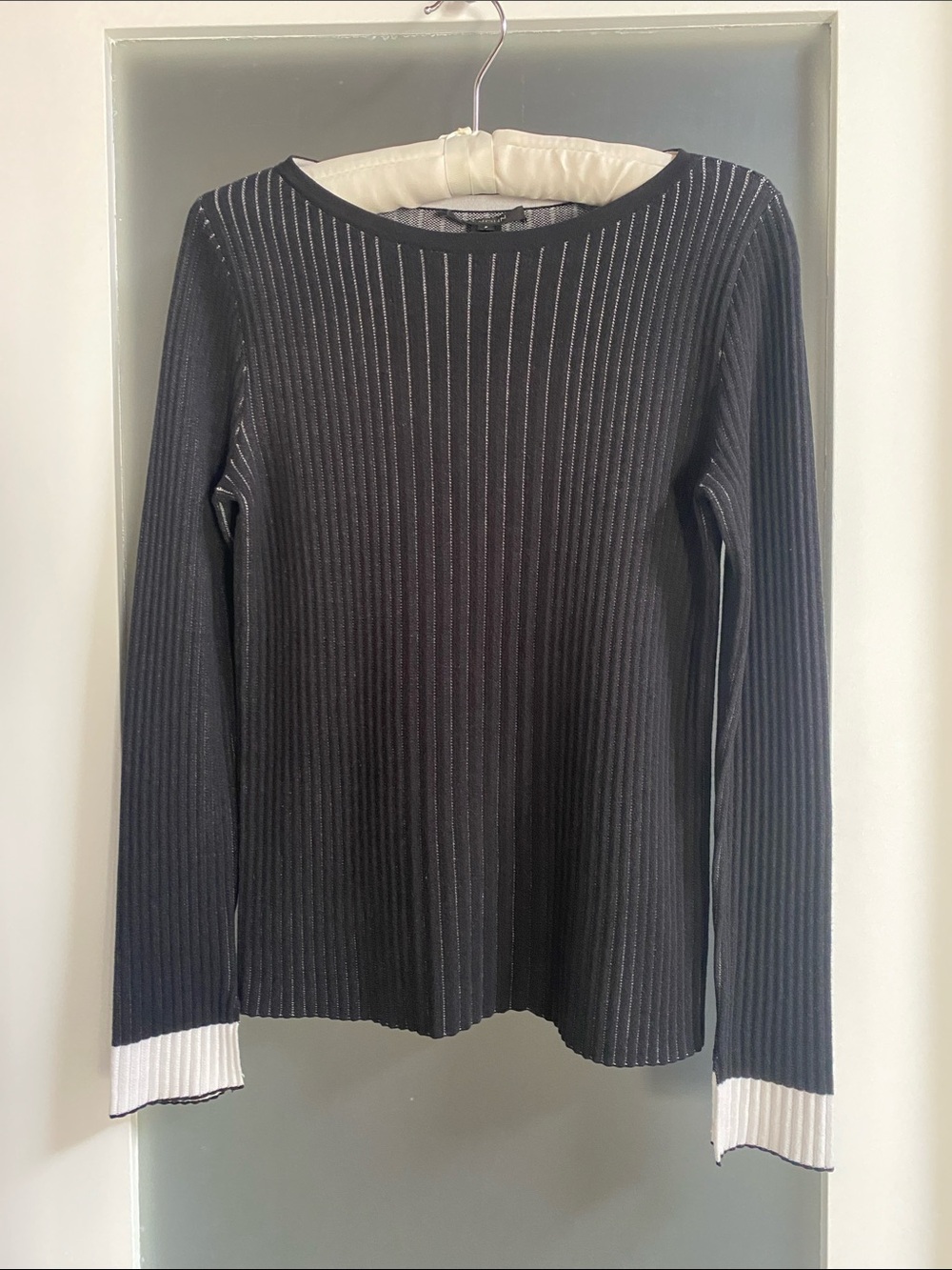 St. John Black Ribbed Long-Sleeve Top with White Cuff Detail